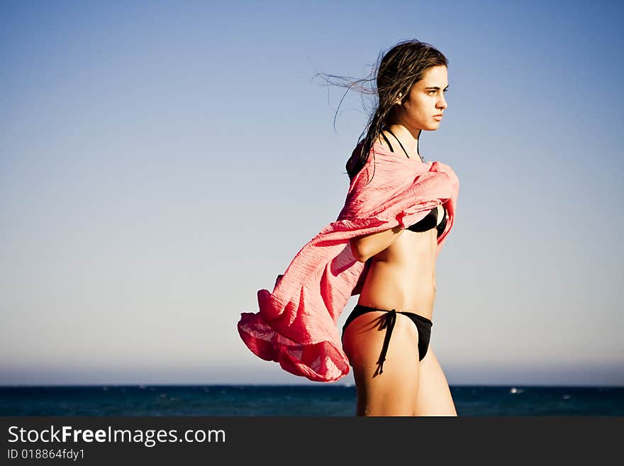 Beautiful woman with red scarf