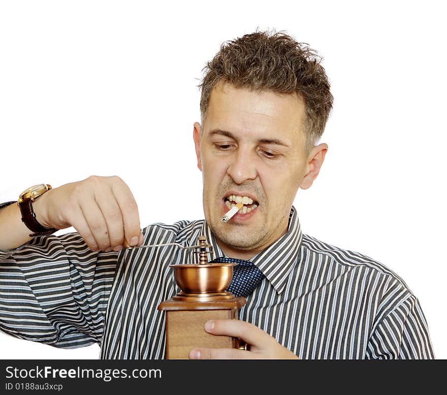 Man with coffee grinder on  white background. Man with coffee grinder on  white background