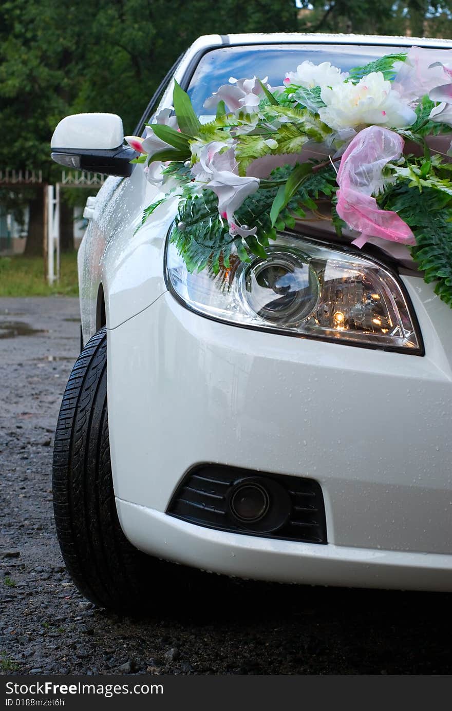 Weddings simulated flowers on the hood of car. Weddings simulated flowers on the hood of car