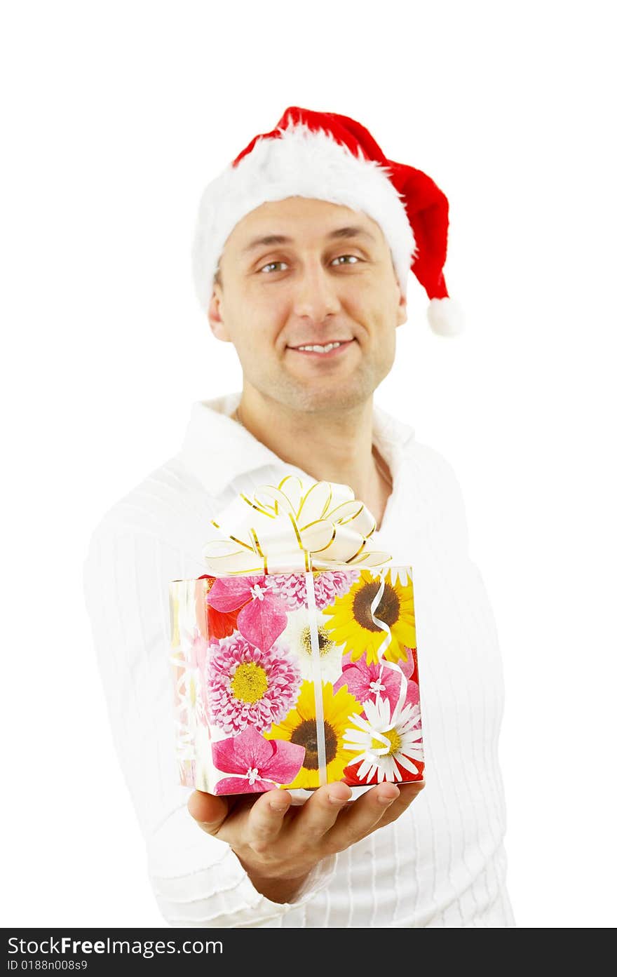 The man presents the Christmas gift isolated. The man presents the Christmas gift isolated