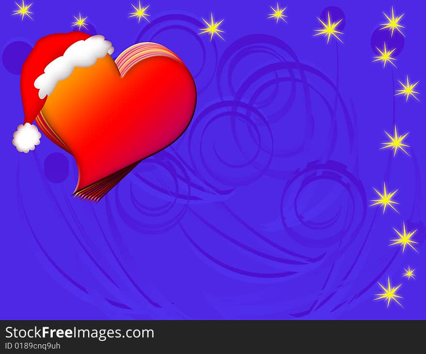 Red heart with santa's hat on blue background. Red heart with santa's hat on blue background