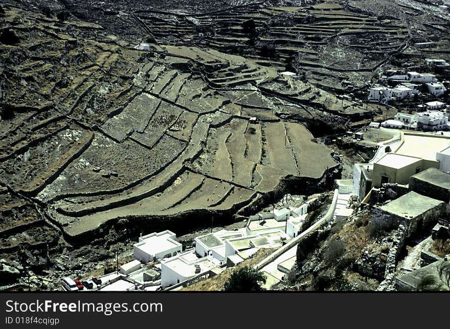 Terraces near the village in  Syros island, South Greece.