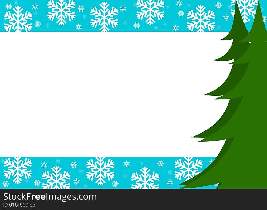 Christmas border with trees and snowflakes. Blue, green.