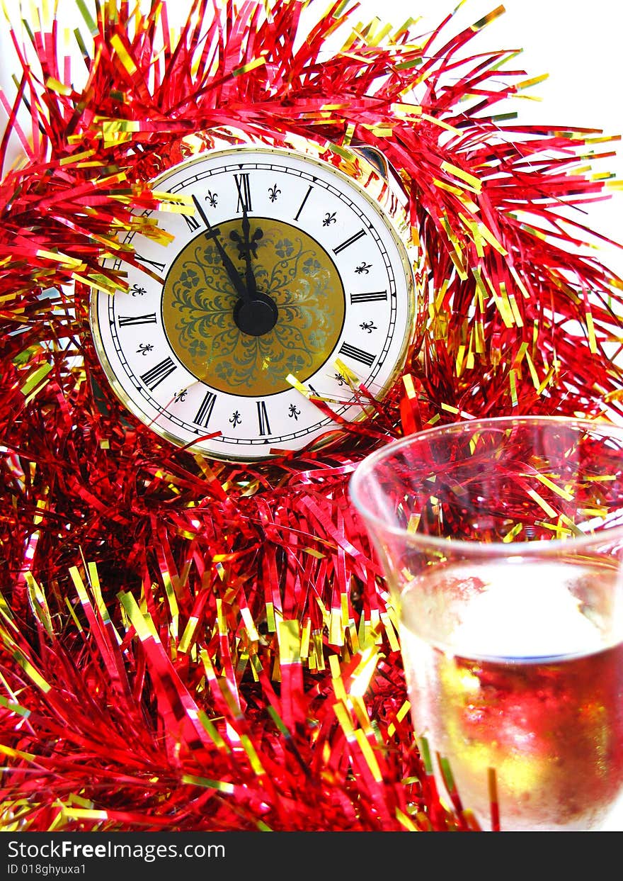 Clock with red and gold christmas decorations. Clock with red and gold christmas decorations