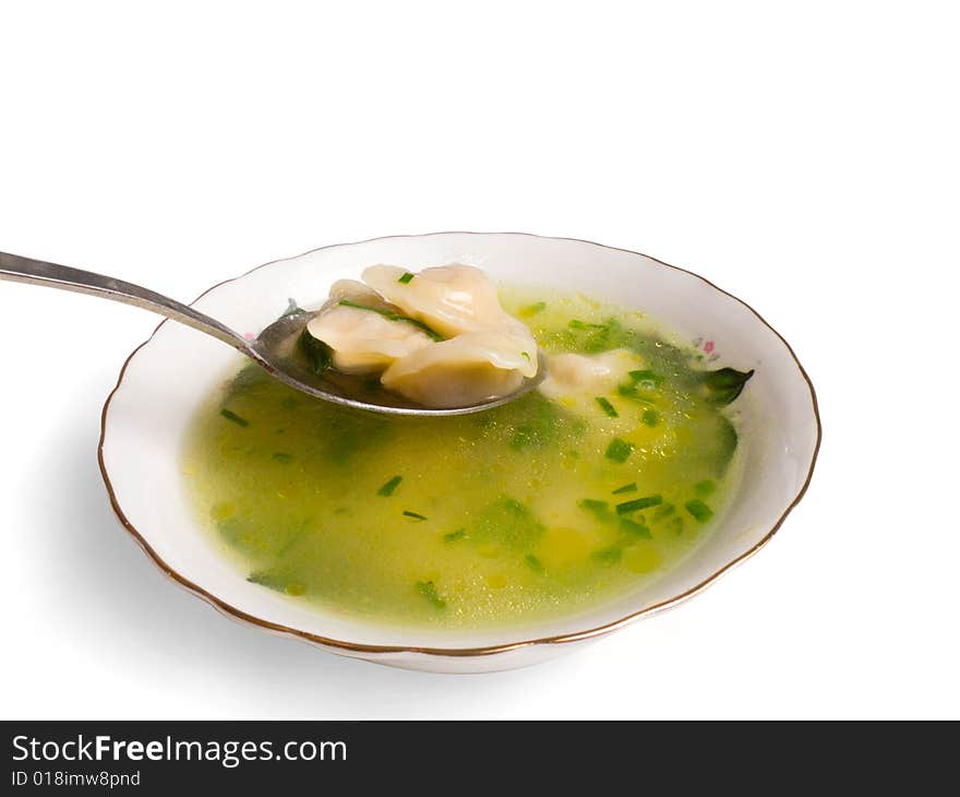 Soup, pelmeni on isolated background