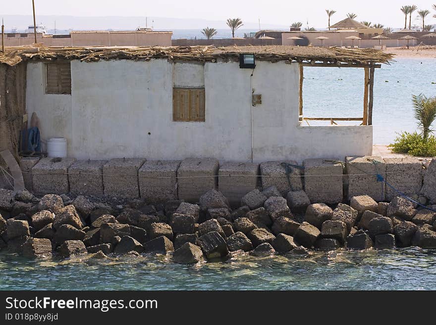 Red Sea coast boat hut with anchor ropes. Red Sea coast boat hut with anchor ropes