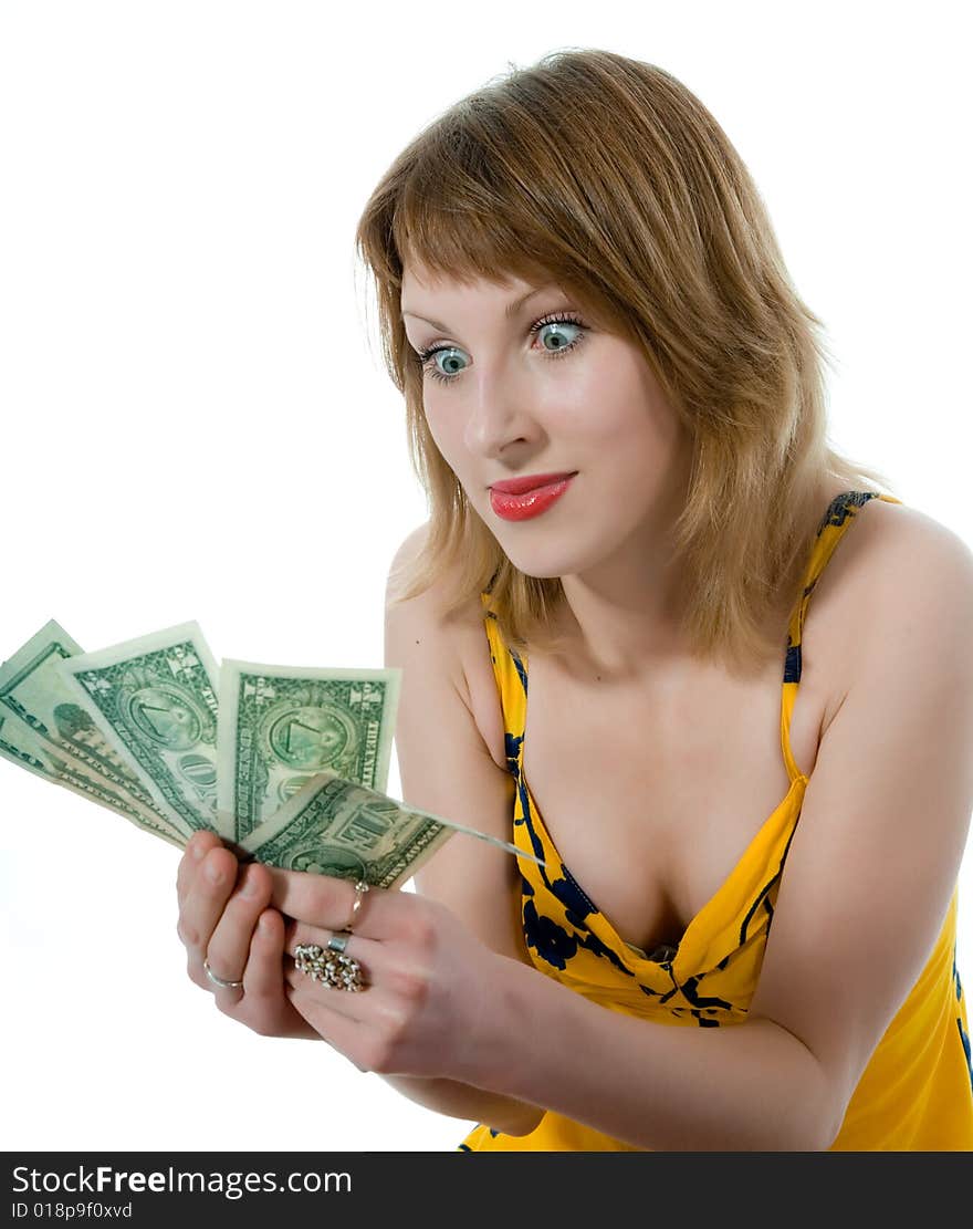 Expressive woman and money on white background