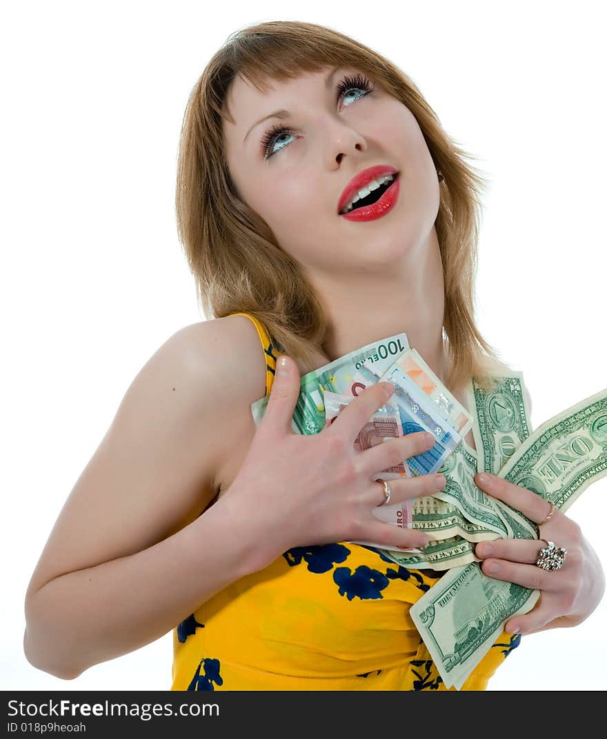 Expressive woman and moneyn white background