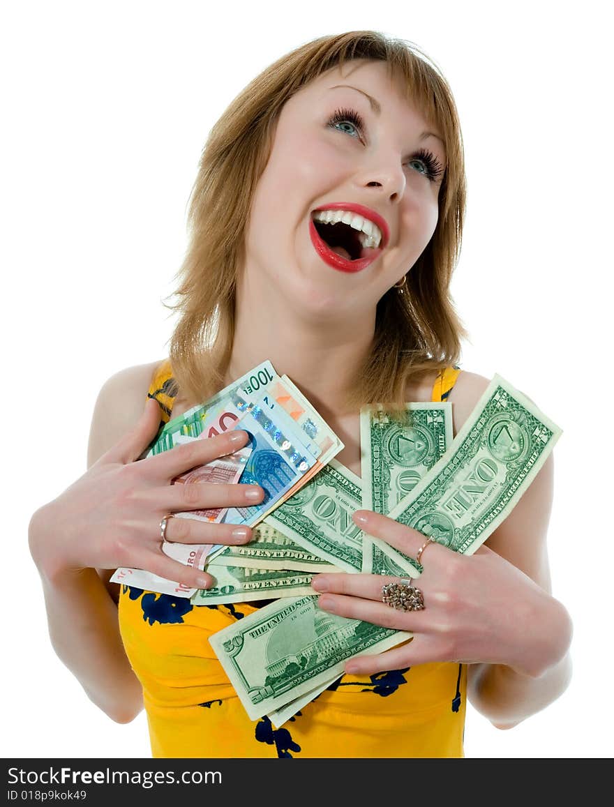 Expressive woman and moneyn white background