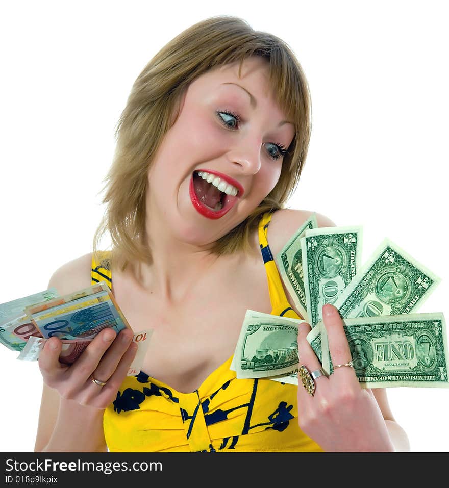 Expressive woman and moneyn white background