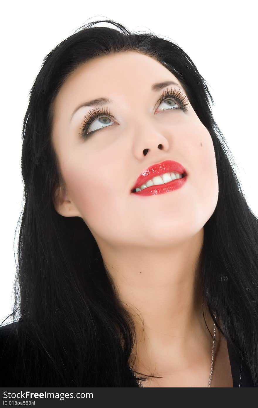 Portrait of the brunette with blue eye on white background