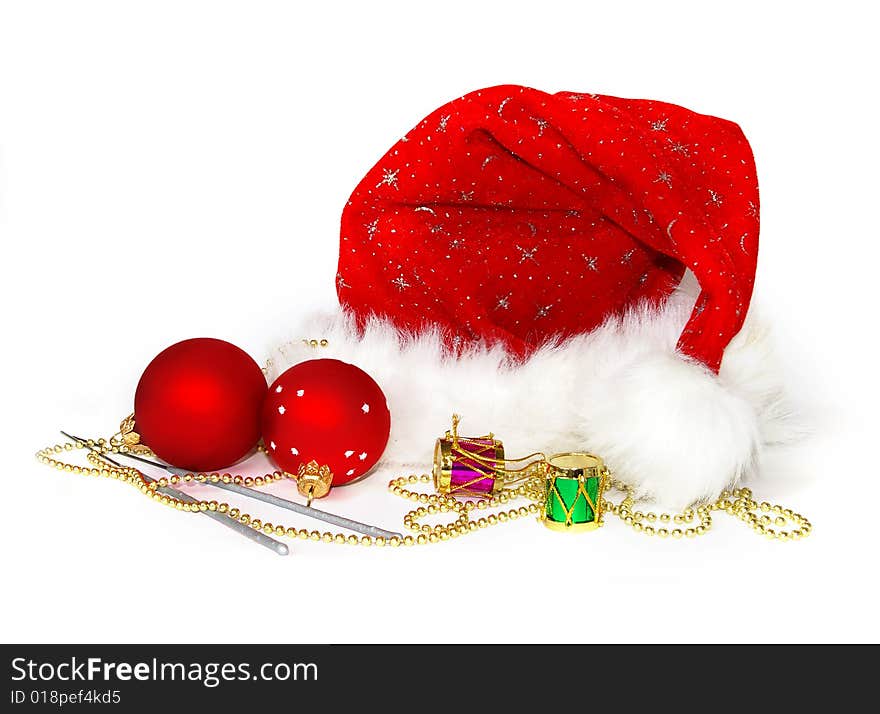 Close up of a Santa Claus hat and two spheres