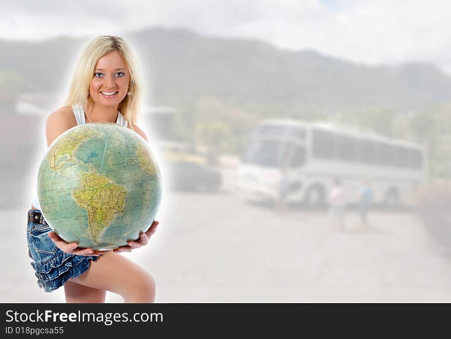 Beautiful Blonde With  Globe