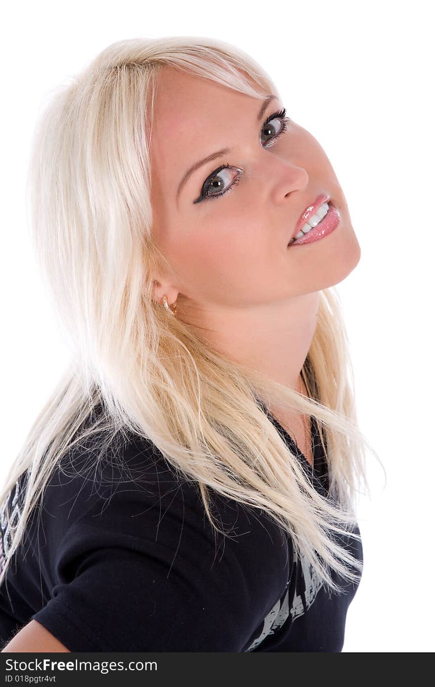 Portrait of the blonde with blue eye on white background