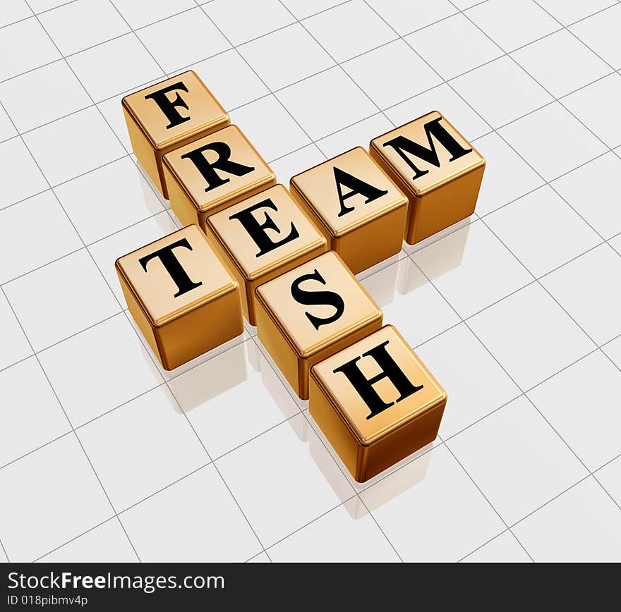 3d golden boxes with text - fresh team, crossword. 3d golden boxes with text - fresh team, crossword