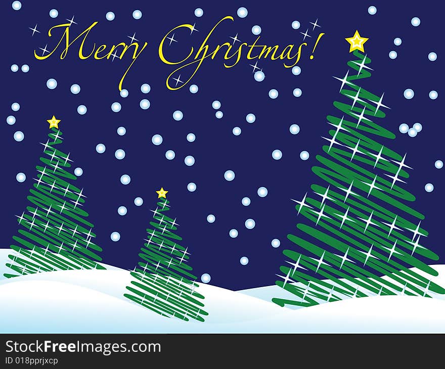 Christmas wallpaper with new year trees and snow and greeting text