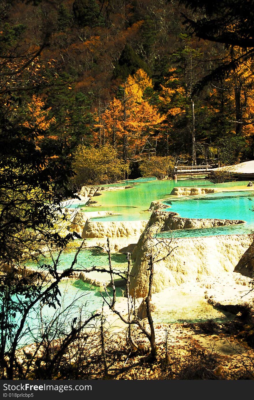 Colorful calcified miniscape ponds in Huanglong area. It is the world natural heritage in China.