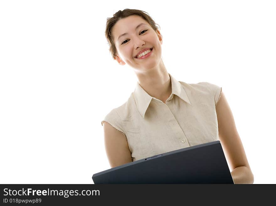 Attractive young woman with laptop on the white. Attractive young woman with laptop on the white