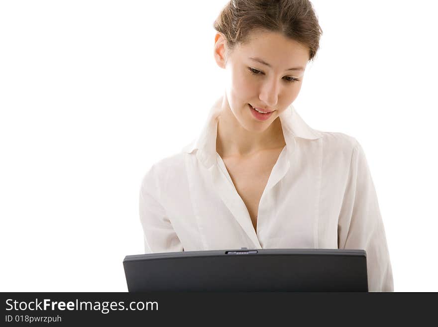 Attractive young woman with laptop on the white. Attractive young woman with laptop on the white