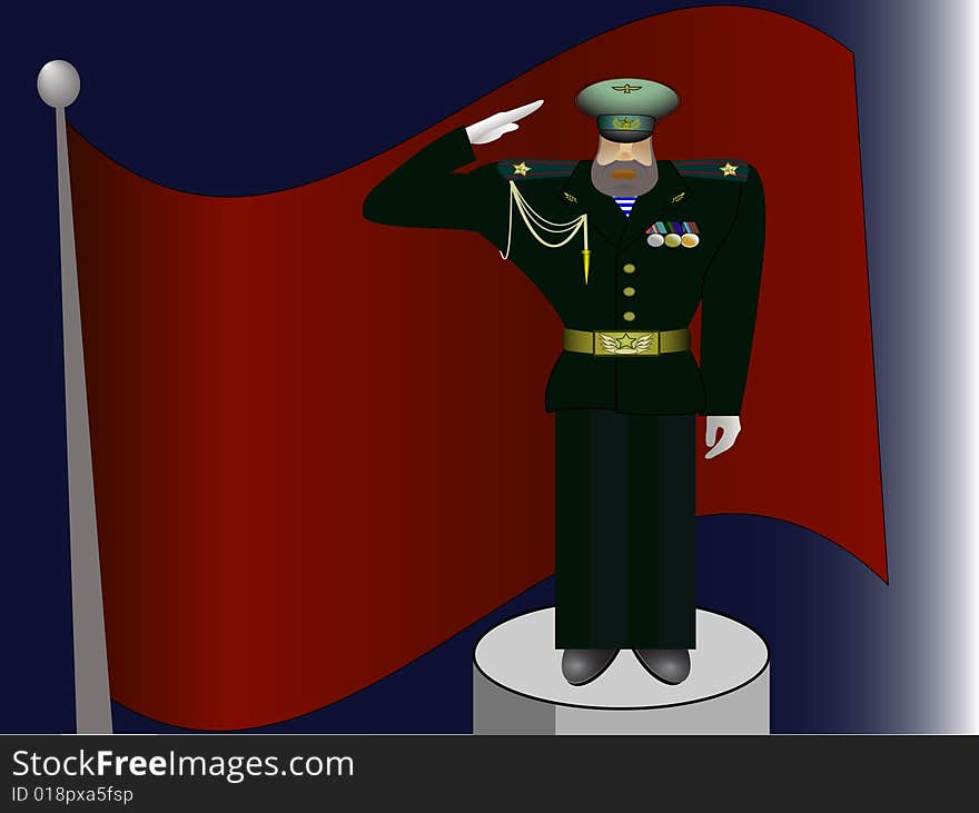 The officer in the military form costs against a flag