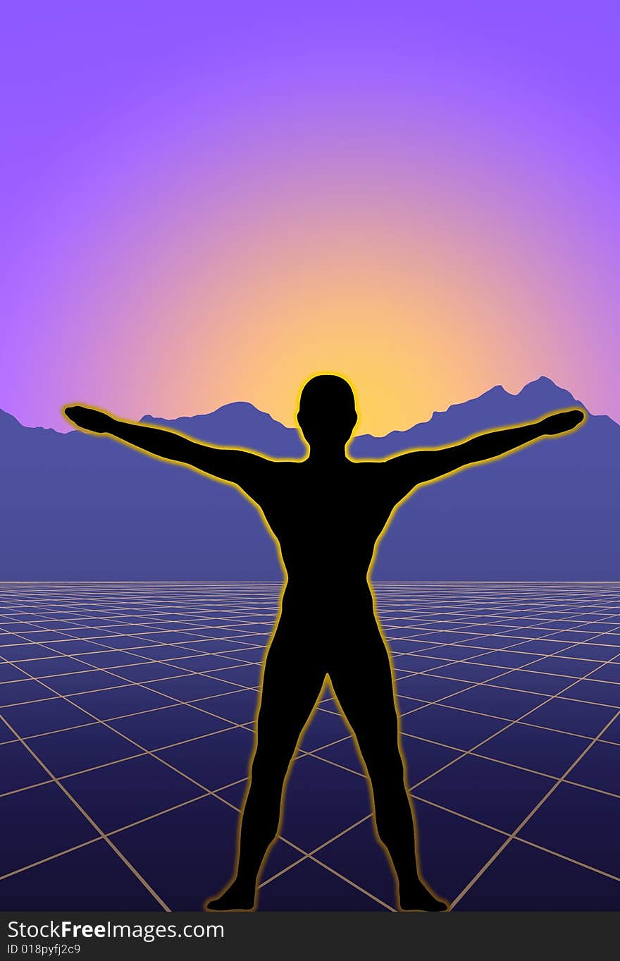 Young gymnast outlined by sunrise is spreading arms and legs on an infinite blue background. Young gymnast outlined by sunrise is spreading arms and legs on an infinite blue background.