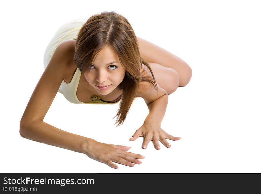 Beautiful young woman othe white background.