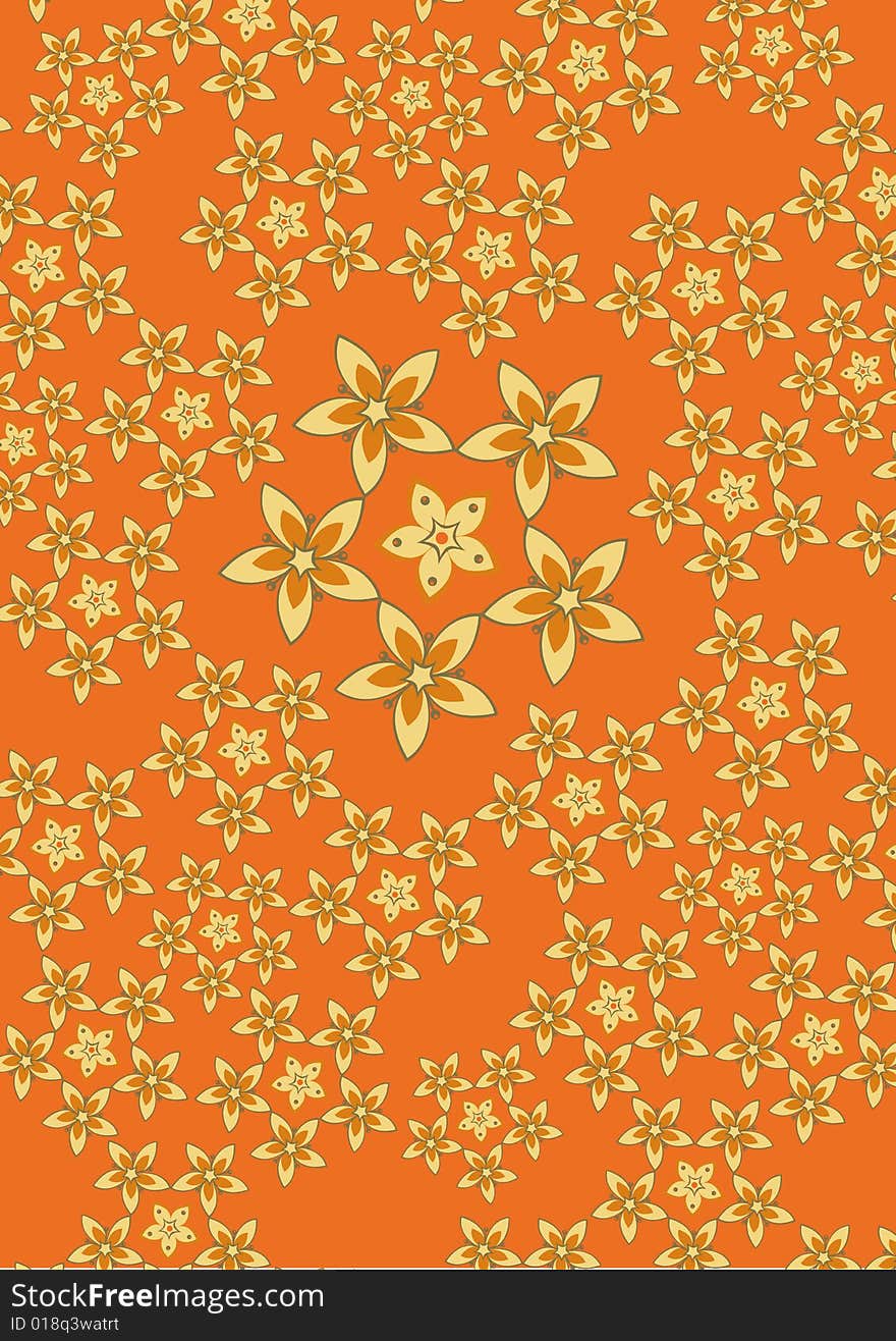 Vector illustration fo funky flowers abstract pattern on the orange background