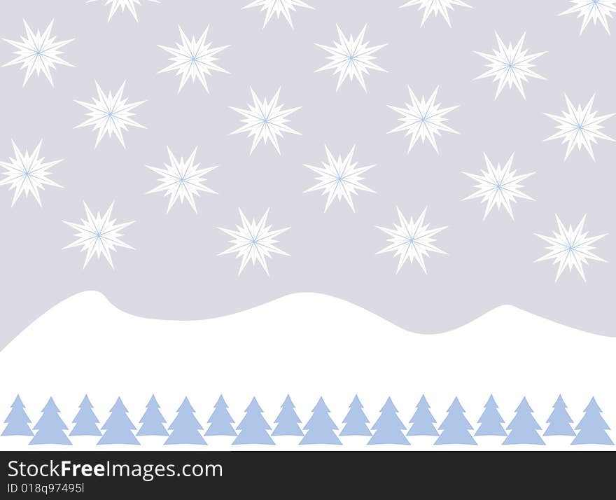 Merry Christmas illustration with hills full of snow, Christmas trees and snow flakes