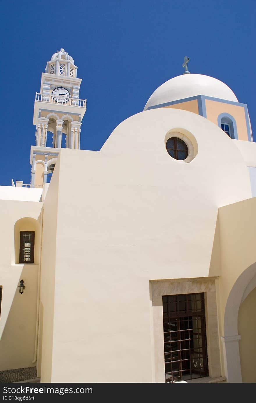 View of Thira Basilica, Santorini, Greece.