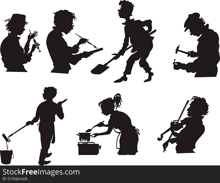 Silhouettes of people of different trades