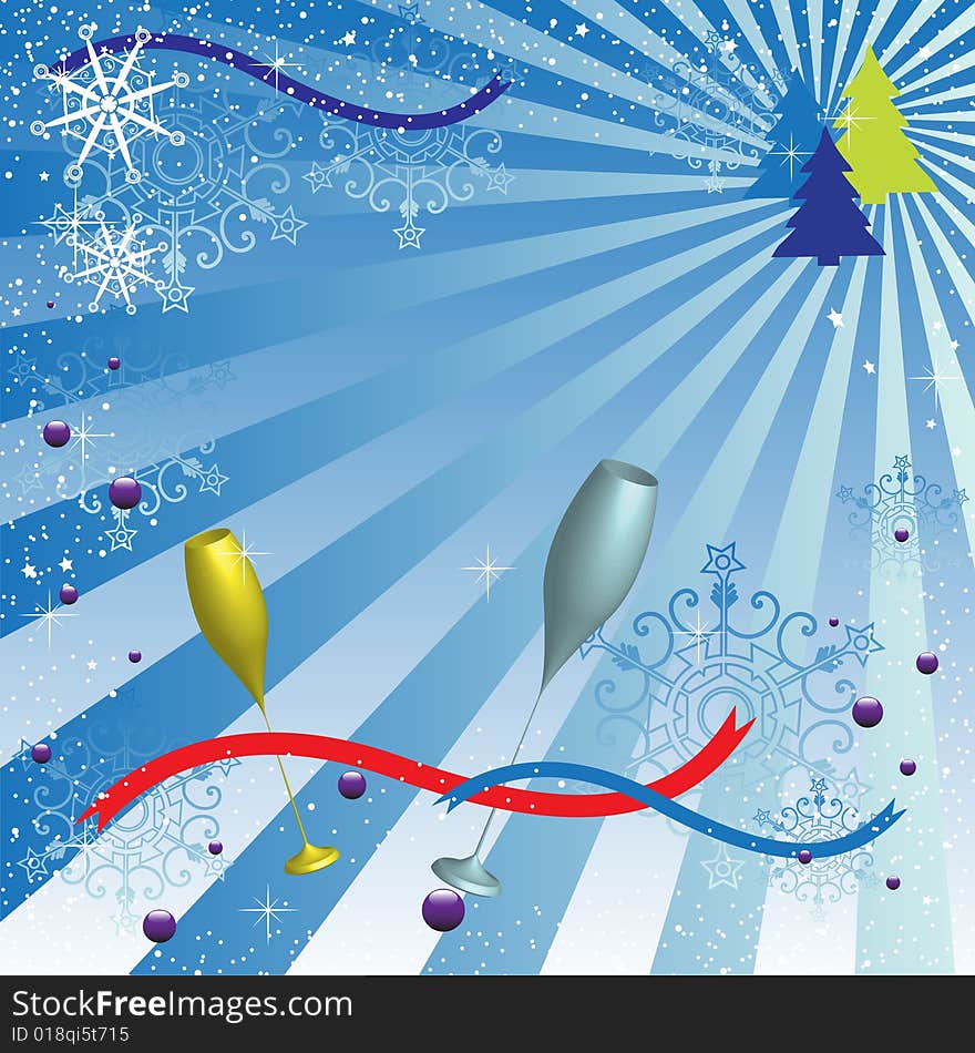 Abstract colorful illustration with fir trees, snowflakes, small bubbles and champagne flutes. Winter greeting. Abstract colorful illustration with fir trees, snowflakes, small bubbles and champagne flutes. Winter greeting