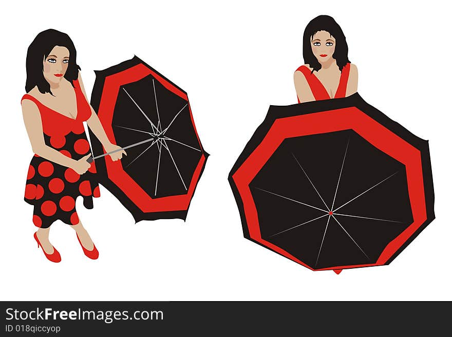 Girls in red dress with umbrella. Girls in red dress with umbrella