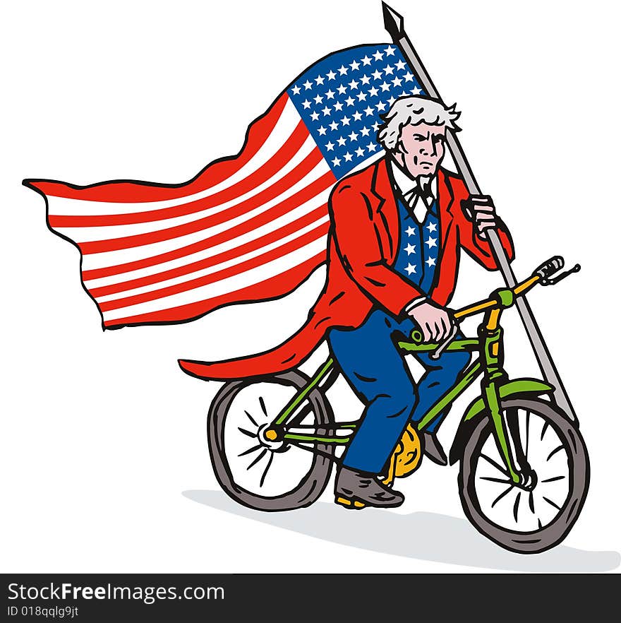 Uncle Sam riding a  biicycle