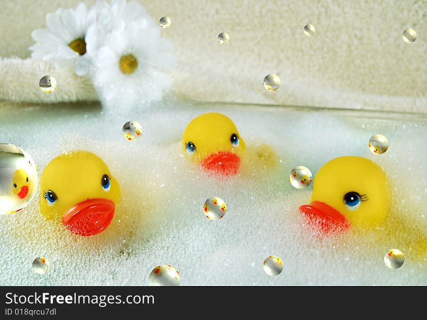 Floating bubbles with rubber ducks and daisies. Floating bubbles with rubber ducks and daisies.