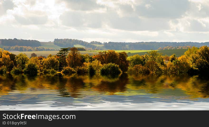 Autumn landscape with trees and river. Autumn landscape with trees and river