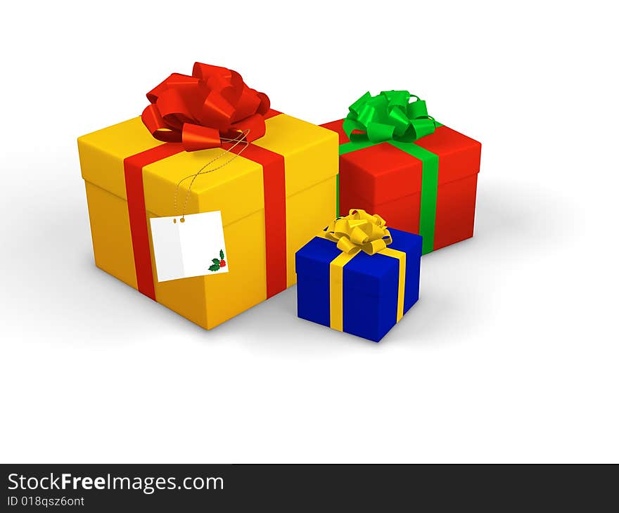 Colorful gift boxes wrapped with ribbons; one of them has card attached with common holly twig on it. Colorful gift boxes wrapped with ribbons; one of them has card attached with common holly twig on it