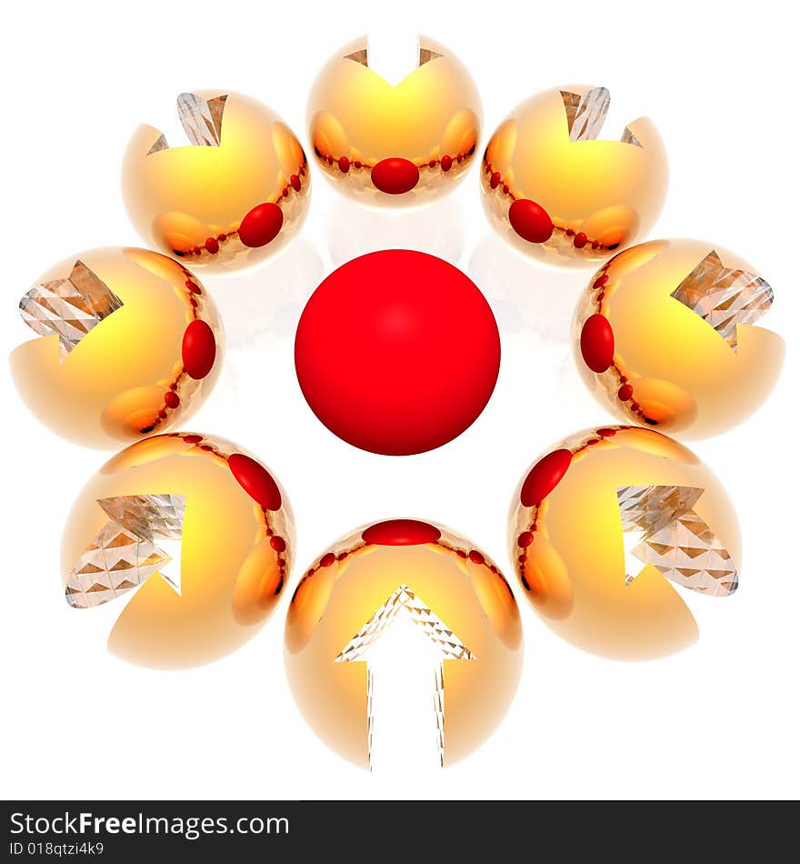 Gold spheres with an arrow around of a red sphere