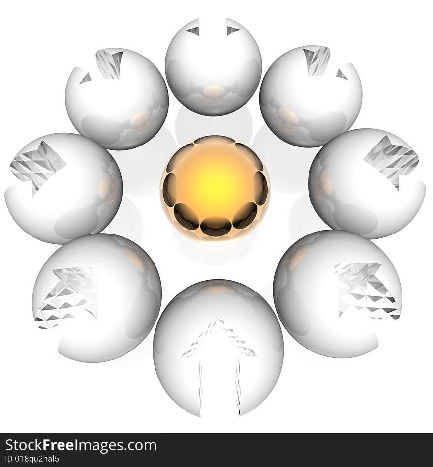 White spheres with an arrow around of a gold sphere