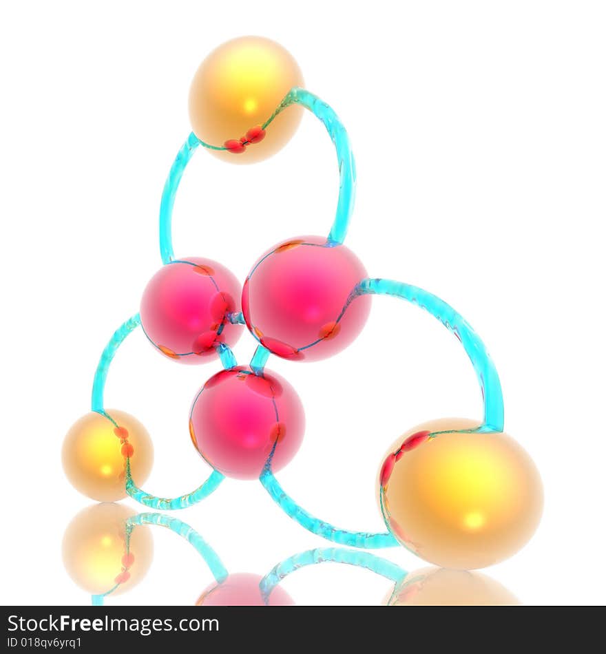 Abstract symbol from rings with gold and red spheres