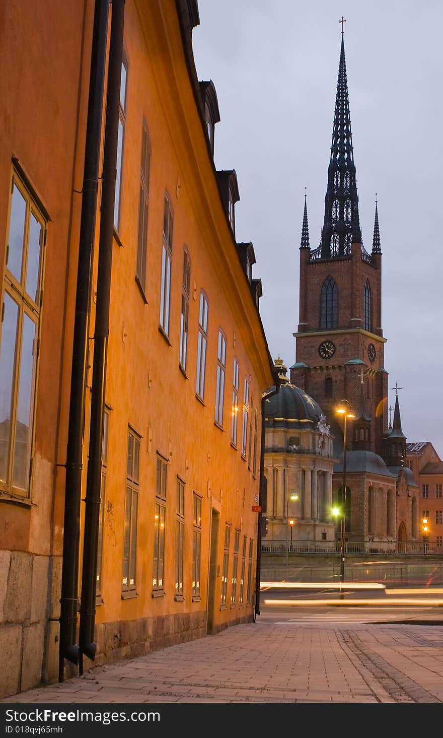 Riddarholmskyrkan as seen from Gamla Stan (the old town) in Stockholm.