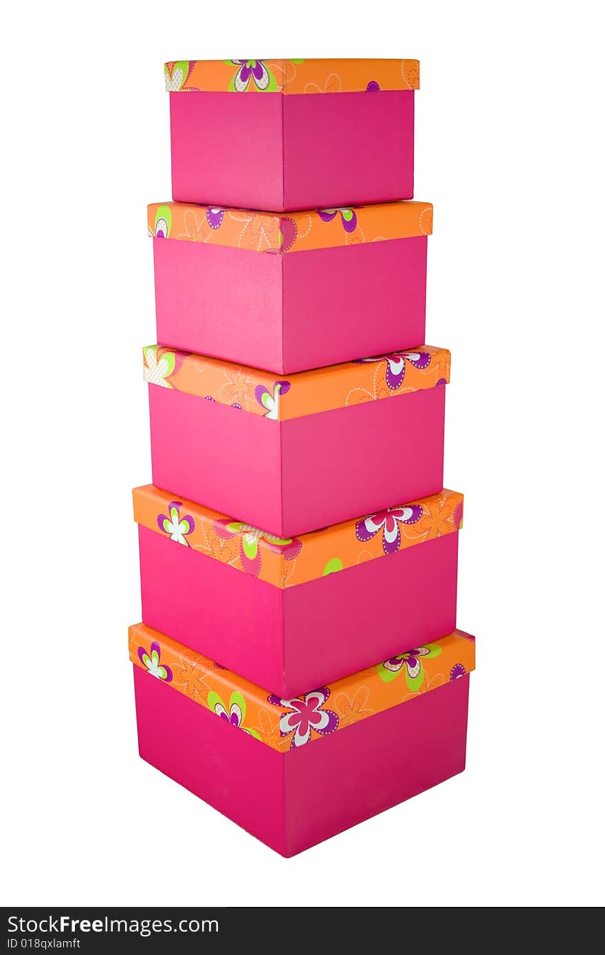 A huge stack of pink with orange flowered top presents. A huge stack of pink with orange flowered top presents.