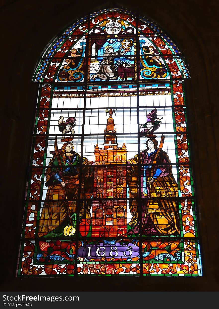 Glazed window of Sevilla's Cathedral, Andalucia, Southen spain. Glazed window of Sevilla's Cathedral, Andalucia, Southen spain