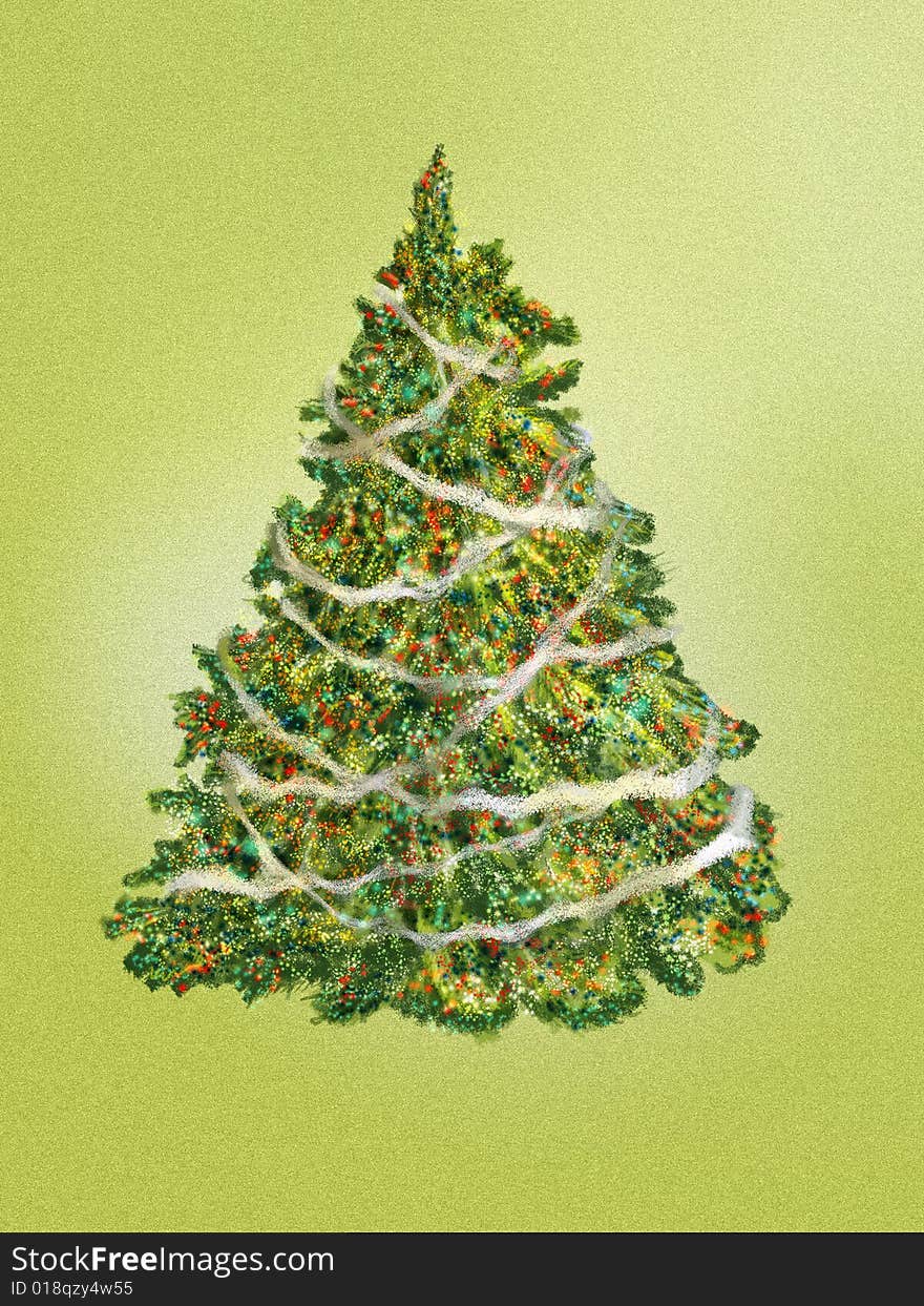 Fir-tree on a green background, brightly and festively! Picture, computer graphics.