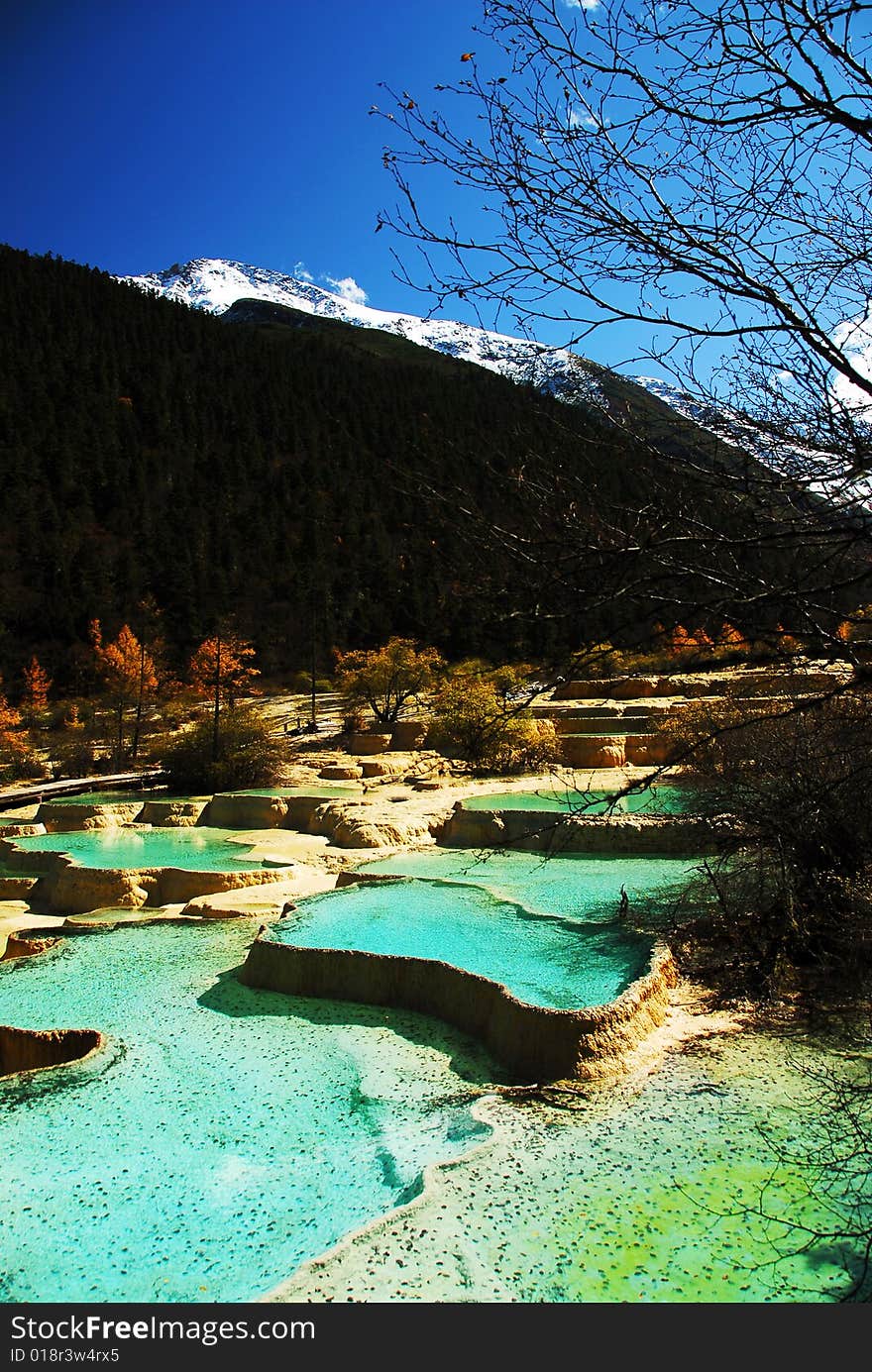 Colorful calcified miniscape ponds in Huanglong area. It is the world natural heritage in China.