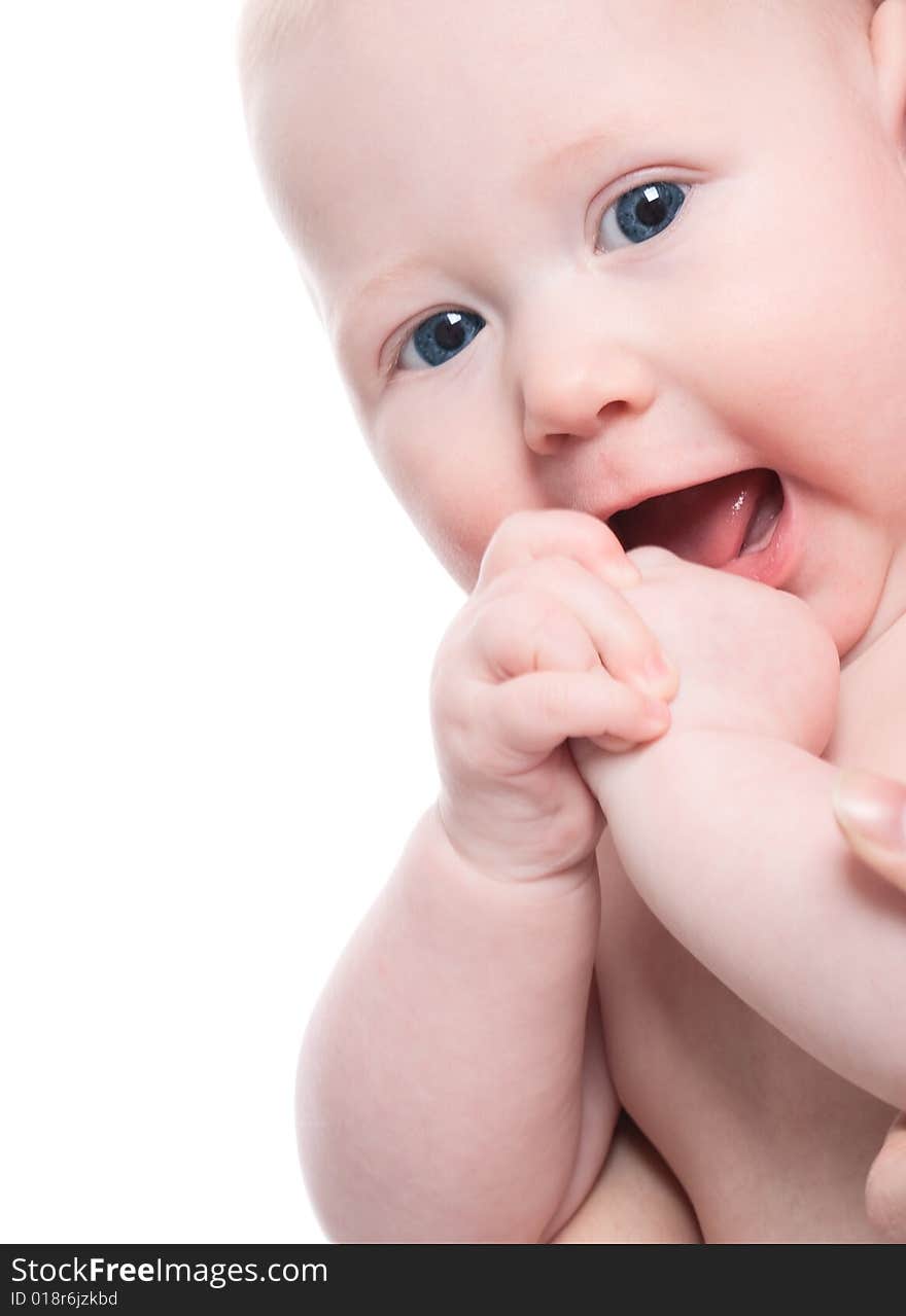 Cute little boy portrait, white background