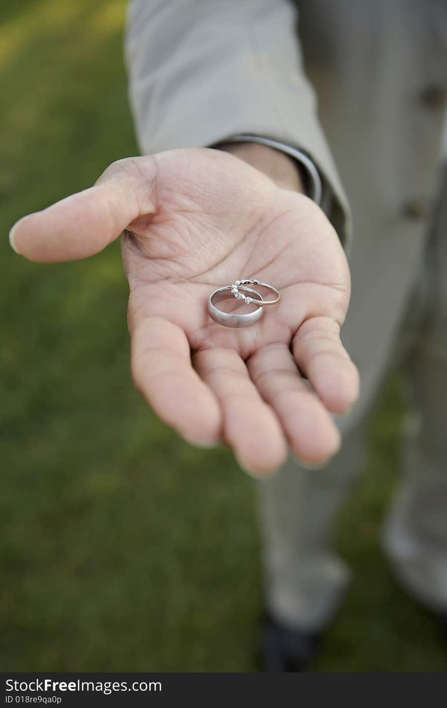 Hands holding wedding bands,  shallow DOF focus on rings. Hands holding wedding bands,  shallow DOF focus on rings