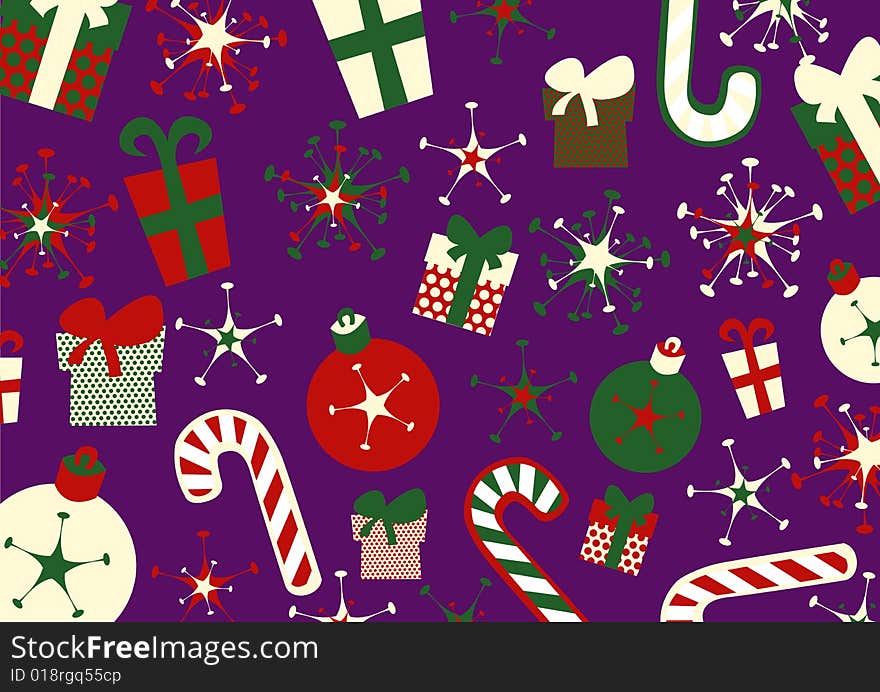 Vector illustration of christmas background. Includes present boxes, candies, flakes and christmas balls.