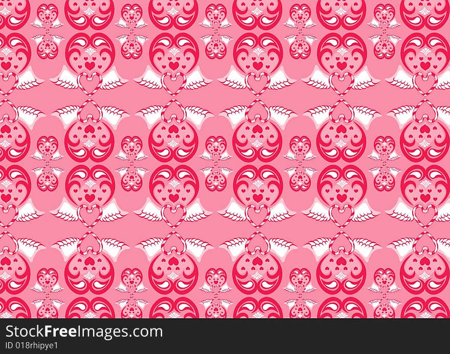 Vector illustration of retro abstract heart pattern on the pink background.