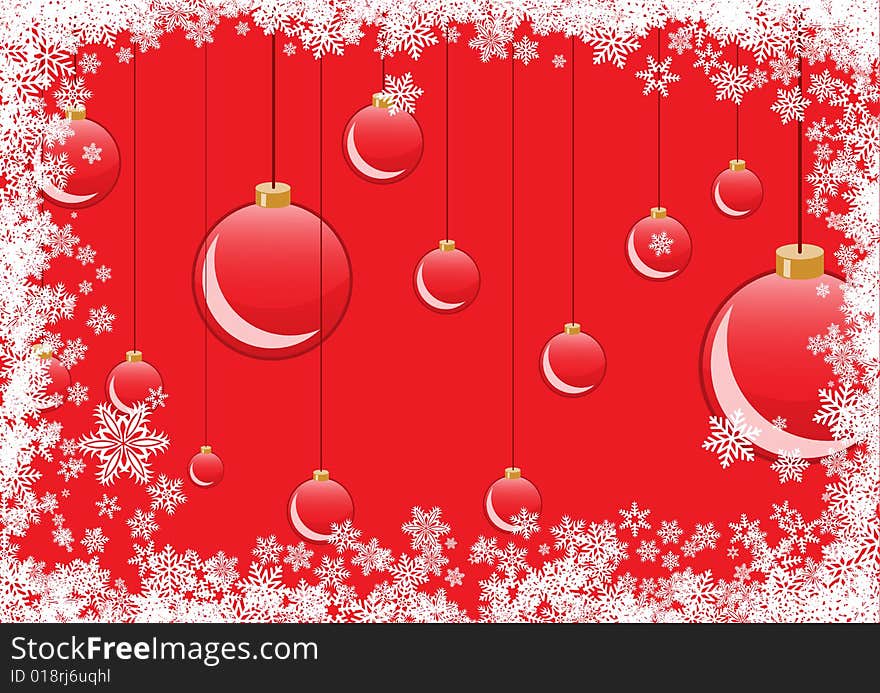 Vector illustration of Red Christmas Balls. Background with snowflakes and decoration for your design in red color