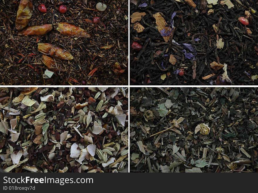 4 different tea leaves closeup. 4 different tea leaves closeup